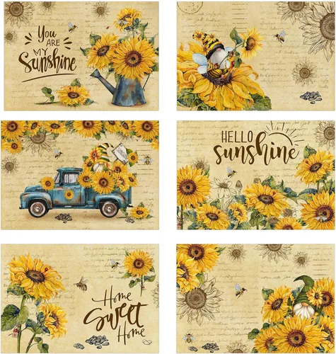 pinata Juego de 6 manteles individuales cuadrados de lino de girasol, decoración de mesa de girasol, vintage, verano, primavera, gnomo, camión,