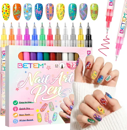 Betem Juego de bolígrafos para arte de uñas, punta fina, 12 colores, marcadores de arte de uñas, no tóxicos, bolígrafos de esmalte de uñas de secado