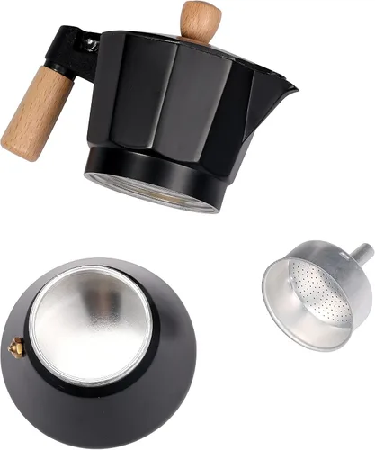 Miniatura 3 de Moka Pot - Cafetera para estufa, estilo italiano, cafetera clásica con mango de madera natural (3 tazas)