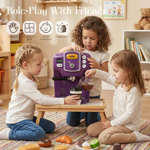 Miniatura 7 de Toylink Cafetera de juguete para niños con sonido y luces, juego de café morado para niños, accesorios de cocina con tazas y comida de juego