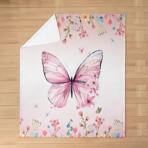 Miniatura 3 de Manta de vellón de mariposa, manta mullida de franela con flores rosas degradadas para cama, sofá, sillón durante todas las estaciones