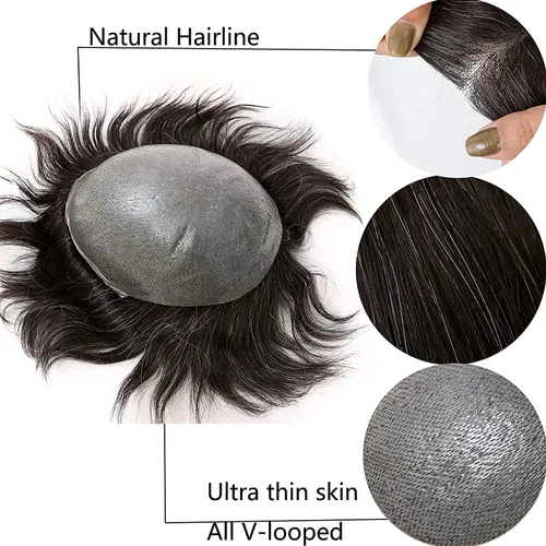 Miniatura 2 de Toupee de piel fina suave de 0.002 in PU 10x8 pulgadas reemplazo de cabello para hombres postizo 100% europeo piezas de cabello humano para hombre