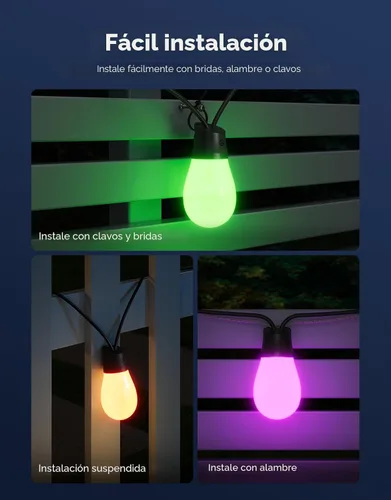 Miniatura 7 de Govee Guirnalda de luces S14 para exteriores, luces inteligentes RGBIC de 48 pies de color blanco cálido con 15 bombillas LED, 111 modos de escena