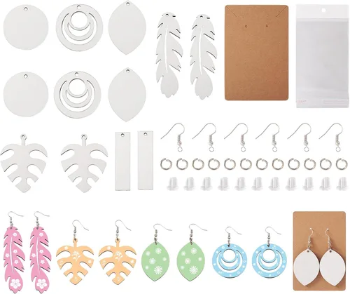 Miniatura 9 de Spritewelry 18 pares de productos de sublimación en blanco para sublimación, aretes de MDF sin terminar con tarjetas, anillos de salto, ganchos