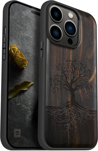 Miniatura 15 de Carveit Funda magnética de madera para iPhone 14 Pro, madera natural y TPU suave negro, funda protectora a prueba de golpes, funda de madera única