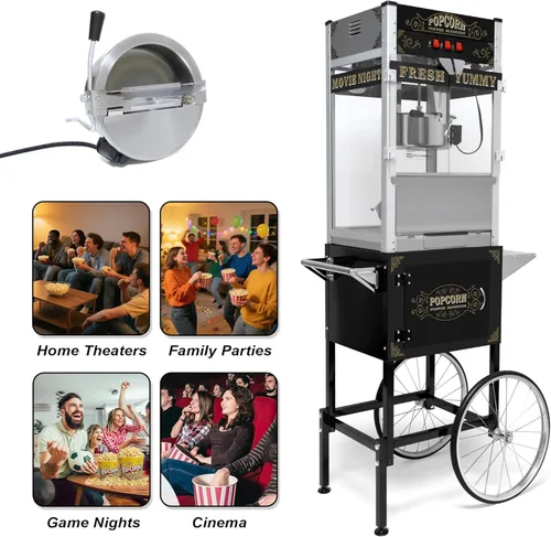 Miniatura 8 de Máquina comercial de palomitas de maíz con carrito y ruedas, máquina para hacer palomitas de maíz con hervidor de acero inoxidable de 22 onzas