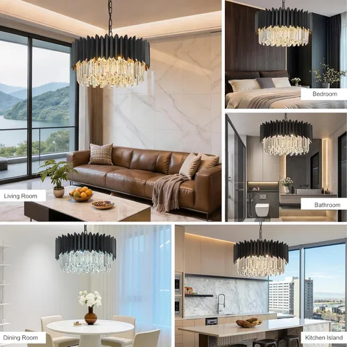 Miniatura 6 de Candelabro de cristal negro de 20 pulgadas, K9, luces colgantes redondas, ajustables, de 4 niveles, gran lámpara de cristal moderna, 6 luces