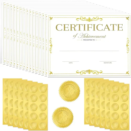 50 paquetes de papel de certificado de papel de aluminio dorado de 11 x 8.5 pulgadas con 100 piezas de sellos dorados en relieve, sellos dorados