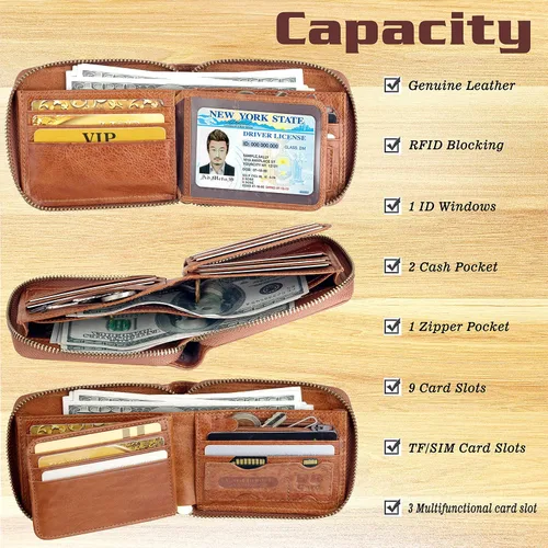 Miniatura 35 de Admetus - Cartera de piel auténtica para hombre con cremallera, plegable
