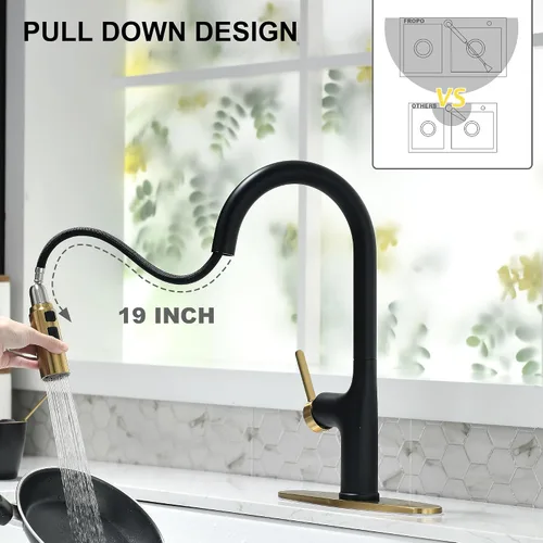 Miniatura 5 de Grifos de cocina, grifo de cocina negro y dorado con rociador extraíble, grifo de fregadero de cocina de acero inoxidable de arco alto, grifo