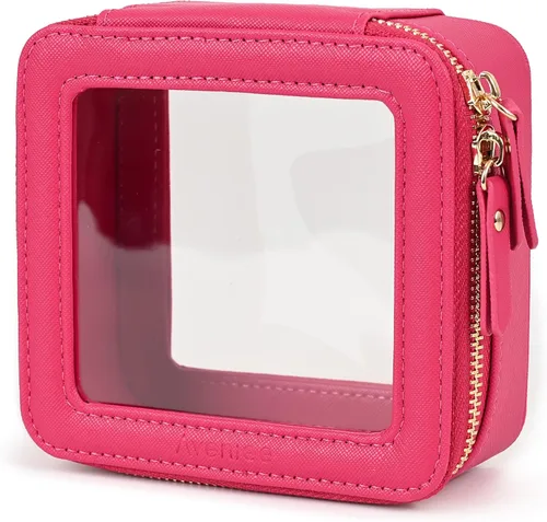 Miniatura 16 de Aveniee Organizador de bolsa de maquillaje transparente, bolsa de aseo de viaje para mujer, bolsa de cosméticos impermeable con cremalleras, Rosa