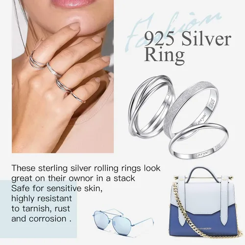 Miniatura 3 de Suplight Hypoallergenic 925 Sterling Silver Interlocked Rolling Rings 2mm3mm5mm Simple Plain Stardust Band Rings for Women Men Size 4 to 12 with