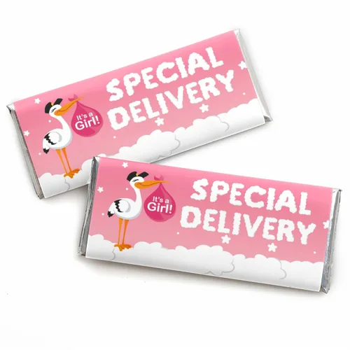 Big Dot of Happiness Girl Special Delivery - Envoltura de barra de caramelo rosa It's A Girl Stork Baby Shower Favores - Juego de 24