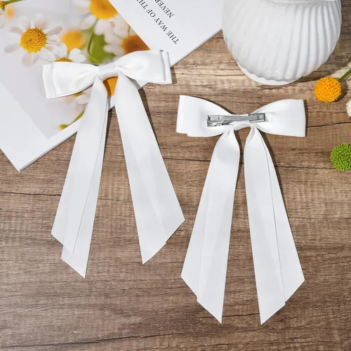 Miniatura 6 de Aileam 2 piezas lazos de cabello de satén sedoso, pinza para cabello, cinta blanca para cabello, sujetador de cola de caballo, accesorios, Blanco