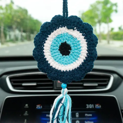 Miniatura 2 de Talataca Adorno de ganchillo para automóvil de ojo malvado – Dije de espejo retrovisor de ojo azul turco hecho a mano, decoración colgante de 4