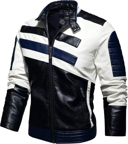 Traje de carreras de motocicleta de cuero de motocicleta de cuello alto para hombre, chaqueta de cuero de simulación de PU de bloqueo de color