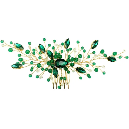 Miniatura 3 de Peine de pelo de novia de cristal verde dorado para novia, accesorios para mujeres y niñas, fotografía de fiesta (verde)