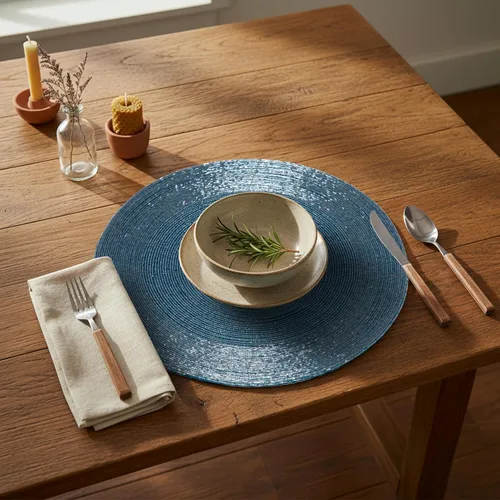 Miniatura 5 de Juego de 4 manteles individuales hechos a mano con cuentas azules de 13 pulgadas, hermoso y elegante tapete decorativo brillante para decoración