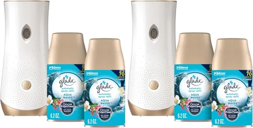 Glade Kit automático de repuesto y soporte de aerosol, ambientador para el hogar y el baño, Aqua Waves, 6.2 onzas, 2 unidades (paquete de 2)