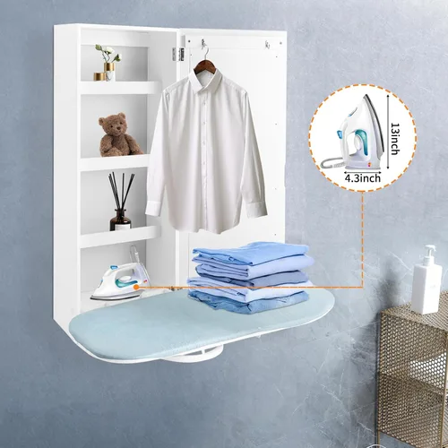 Miniatura 2 de Armario de tabla de planchar de pared giratoria de 180° con armario de almacenamiento y espejos, gabinete de planchado colgante de diseño plegable