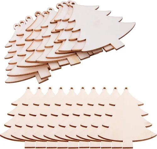 Miniatura 10 de Paquete de 50 manualidades de madera para pintar, adornos colgantes de árbol de Navidad de 3 pulgadas, recortes de madera sin terminar, decoración