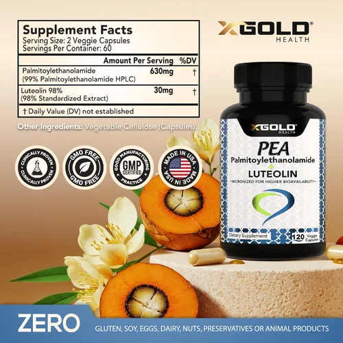 Miniatura 2 de Palmitoiletanolamida 630 mg + luteolina estandarizada 98% - Guisante micronizado 99% altamente purificado y biodisponible - Hecho en Estados Unidos