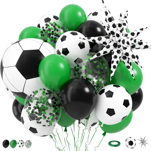 Miniatura 21 de Globos de fútbol, globo de látex marrón salvia de 12 pulgadas con globos de papel de aluminio impresos de fútbol, decoraciones de fiesta de fútbol