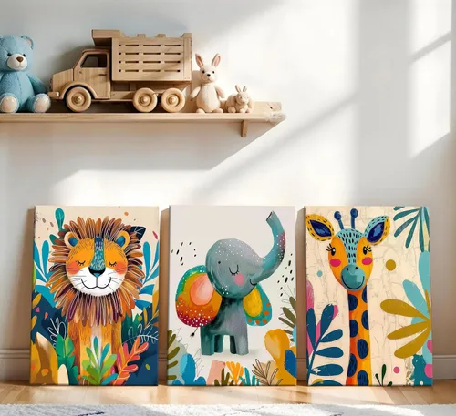 Miniatura 2 de 3 piezas de lienzo de animales de safari para guardería, arte de pared, lindo elefante acuarela, jirafa, león, decoración de pared, coloridos Póster