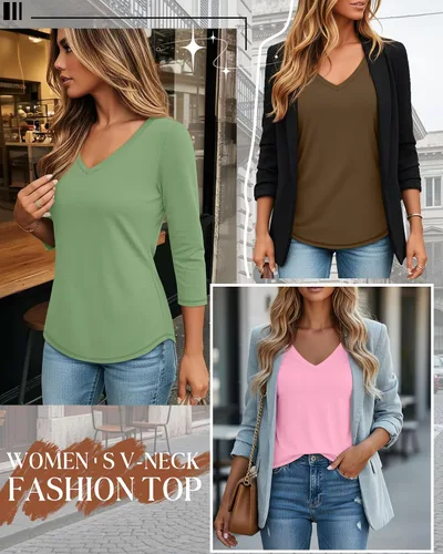 Miniatura 2 de Ficerd Paquete de 3 camisetas de manga 3/4 para mujer, cuello en V, blusas holgadas, blusas casuales, ropa de moda 2026