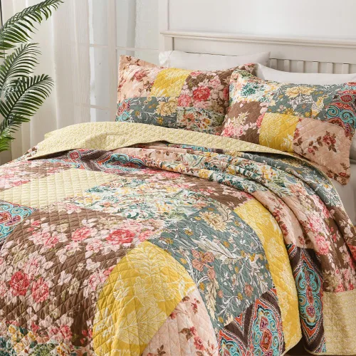 Miniatura 5 de ENASAL Juego de colcha de algodón reversible, juego de ropa de cama de lujo, vintage, rústico, precioso, cachemira, floral, amarillo, colcha
