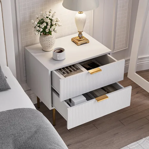 Miniatura 5 de Mesita de noche blanca para dormitorio, juego de 2 mesitas de noche acanaladas, mesa de noche moderna de mediados de siglo con patas de metal dorado