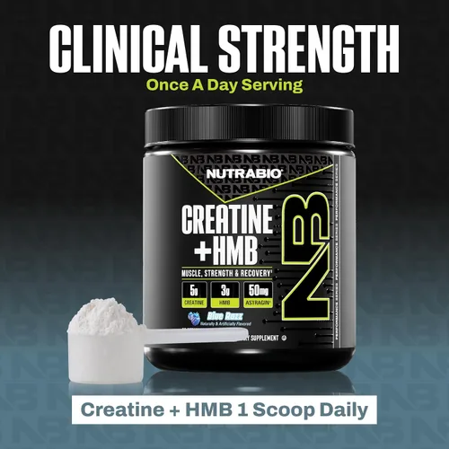Miniatura 9 de NutraBio Creatina + HMB - Monohidrato de creatina con HMB en polvo para el crecimiento muscular, mayor fuerza - 30 porciones (Blue Razz)