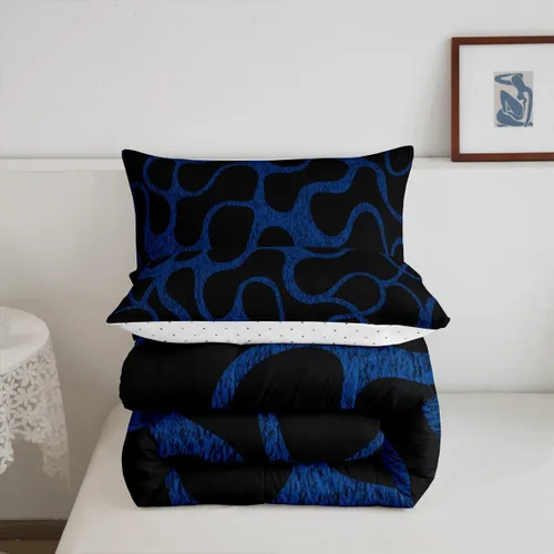 Miniatura 3 de Juego de ropa de cama geométrica azul y negro para niños, niñas, adolescentes, niños, decoración moderna con patrón abstracto, juego de edredón
