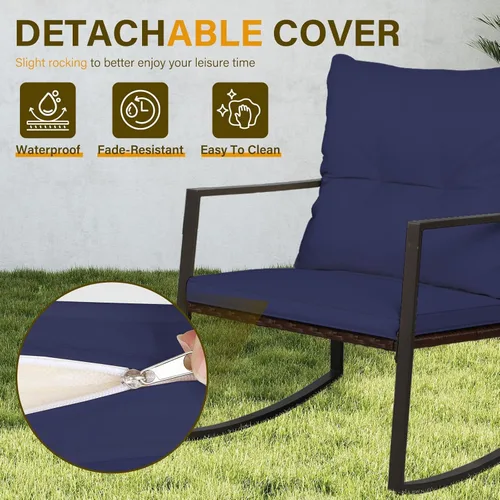Miniatura 7 de SUNCROWN Juego de 3 piezas de muebles mecedores de mimbre para exteriores, juego de sillas para porche y conversación con mesa de café de vidrio