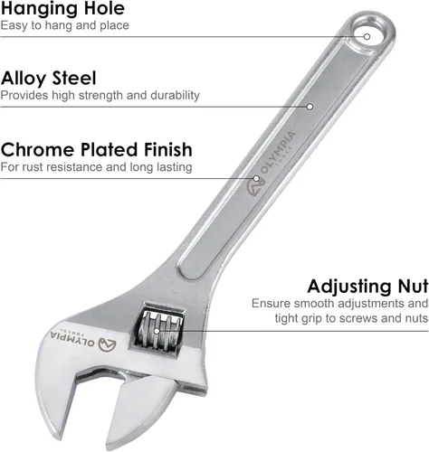 Miniatura 4 de Olympia Tools Llave ajustable de 15 pulgadas, acero forjado de alta resistencia, cromado, mandíbulas mecanizadas de precisión, resistente a
