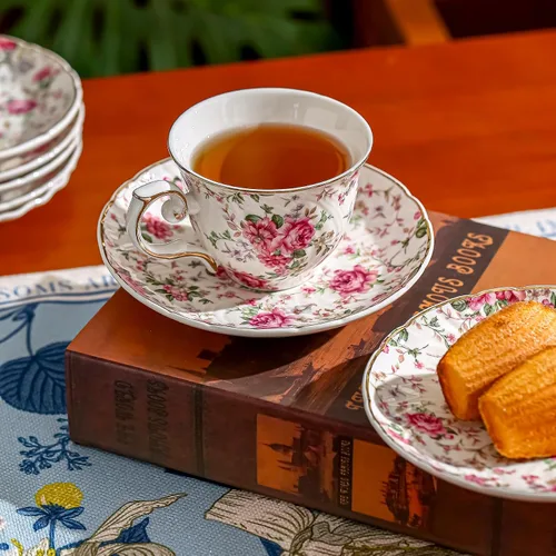 Miniatura 4 de Agyiuns tazas y platillos de cerámica para café, 6oz, taza de café para café, latte, café moca y té - Juego de 4 (Flores grandes - Juego de 4)
