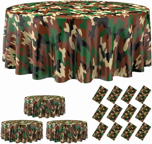 Miniatura 10 de Oudain Mantel de plástico de camuflaje de 3 piezas, mantel redondo de plástico desechable, fundas de mesa temáticas de camuflaje, decoraciones