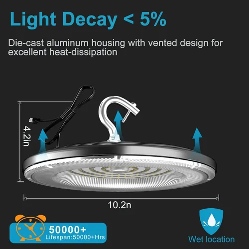 Miniatura 7 de Lightdot Smart 200W LED High Bay Light 30000lm UFO High Bay Shop Light, AC100-277V 5000K Luz de día con enchufe para granero/garaje de 22-32 pies