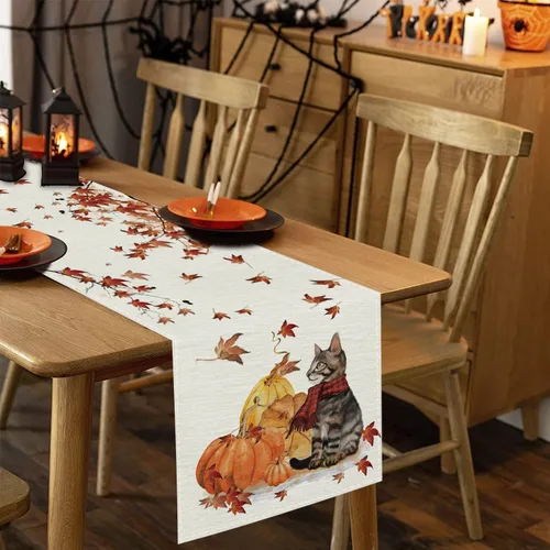 Miniatura 4 de GAGEC Camino de mesa de otoño, calabazas, gato, hoja de arce, cosecha de otoño, decoración de Acción de Gracias de temporada para el hogar, cocina