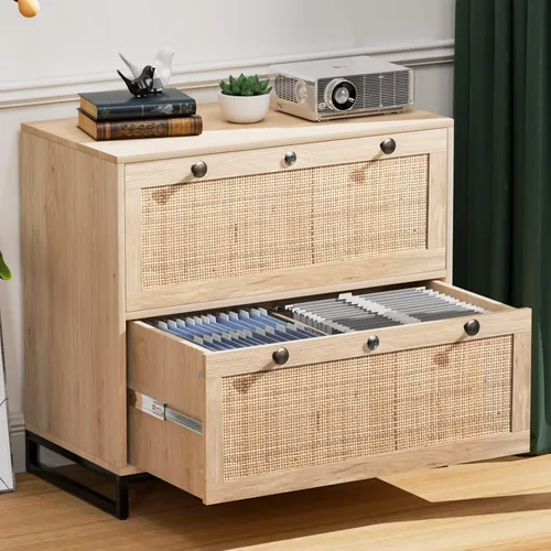 VINGLI Archivador lateral de ratán con 2 cajones con cerradura (madera de roble)