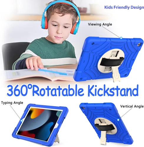 Miniatura 5 de BMOUO Funda para iPad de 9ª/8ª/7ª generación -10.2 pulgadas 2021/2020/2019 con protector de pantalla, soporte giratorio de 360º correa de mano