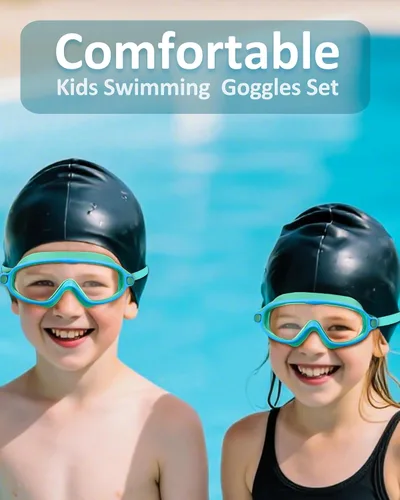 Miniatura 7 de Gafas de natación para niños, antivaho, protección UV y amplia vista & gorro de natación para niños de 3 a 15 años, niños y niñas, bebés azul y verde