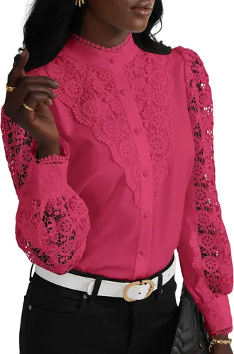Miniatura 20 de Rooscier Blusa Elegante de Encaje de Crochet con Cuello Alto Simulado de Manga Larga con Botones para Mujer Top