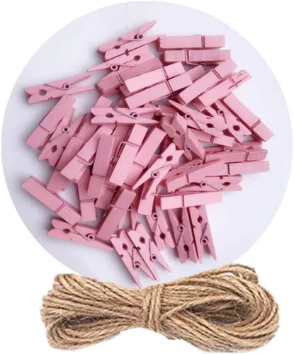 DurReus Pinzas de Ropa Pequeñas Coloridas para Colgar Fotografías Dibujos Clips de Fiesta Decoración Baby Shower Juego con Cordel Paquete 50 Rosa 50