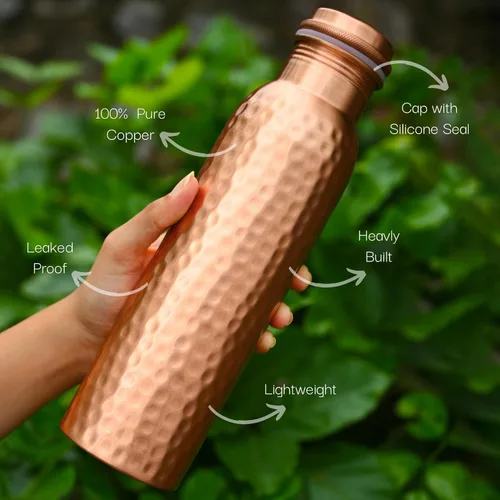 Miniatura 2 de RAJRANG Botella de agua de cobre puro martillado puro – 1 litro botella ayurvédica a prueba de fugas para hidratación, bienestar