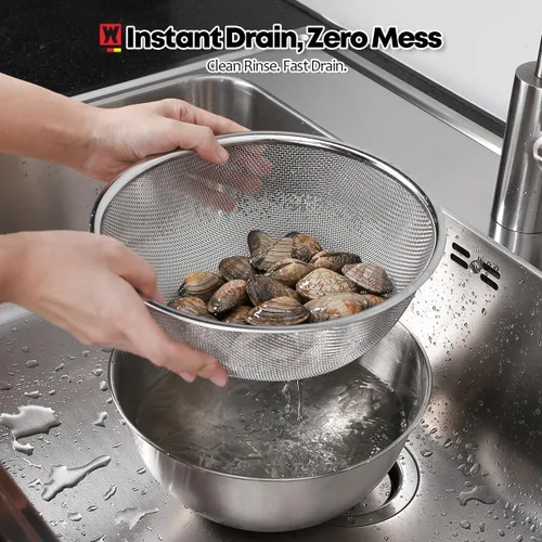Miniatura 4 de WAGENSTEIGER Juego de tazón de acero inoxidable y colador de 3 patas, canasta de cocina multiusos con colador de malla fina, cuenco para mezclar