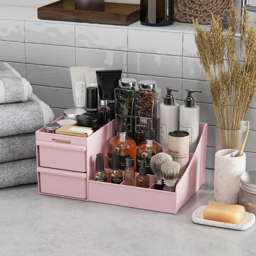 Miniatura 3 de DancesCat Organizador de maquillaje rosa y 2 cajones en mostrador, organizador de tocador con 7 compartimentos y 2 cajones para cosméticos, cuidado