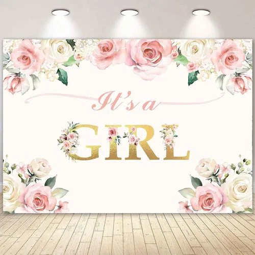 Fondo de fiesta con texto en inglés "It's a Girl" para baby shower, decoración de fiesta, acuarela, fondo floral rosa, fondo de fotografía, regalos