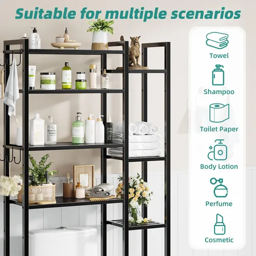 Miniatura 4 de Simple Trending Almacenamiento de 8 niveles sobre el inodoro con estante lateral, organizador de baño, estantes de metal para toallas, color negro