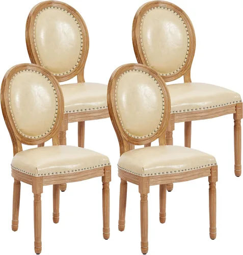 Miniatura 33 de Juego de 2 sillas de comedor francesas con respaldo redondo, sillas de comedor tapizadas de mediados de siglo con patas de madera maciza para Beige